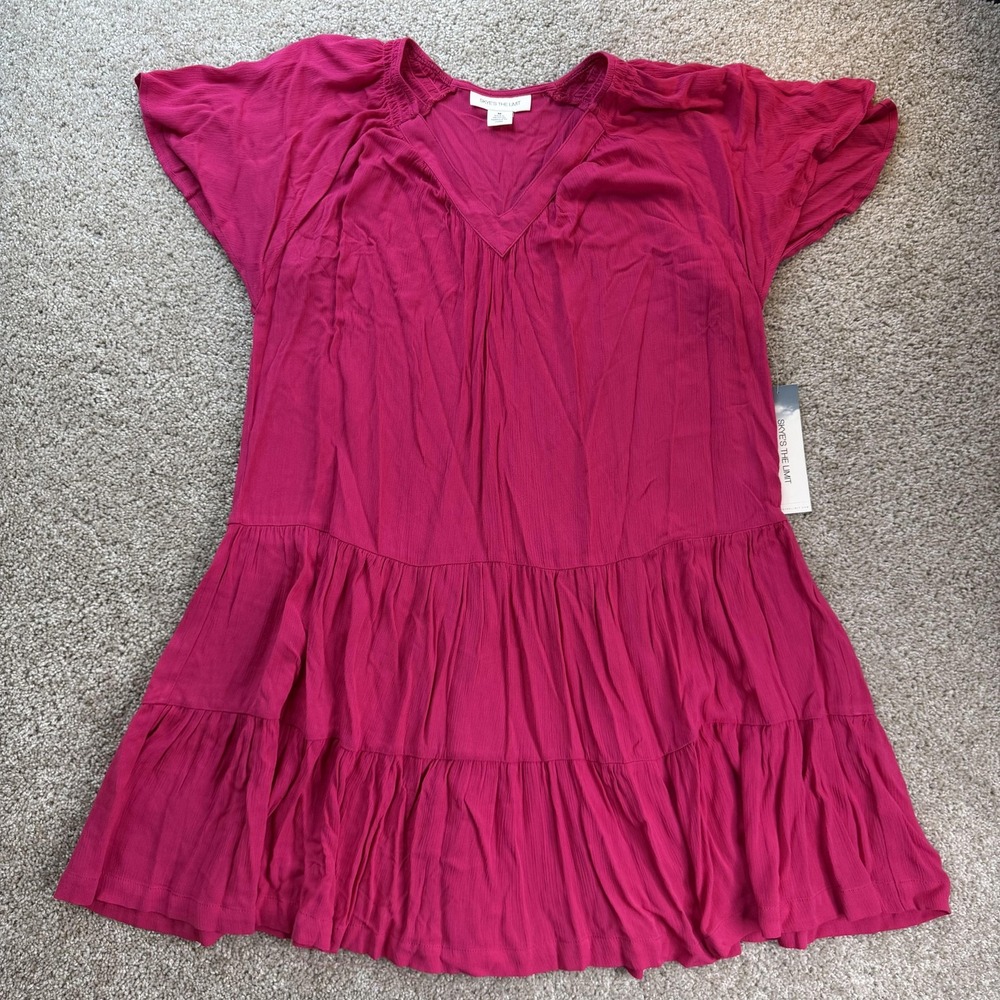 Skye's The Limit Dress Womens M Pink Short Sleeve V Neck Ruffle Tiered Sundress